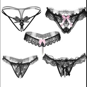 Black Lace 5 Pairs G-String Thong Panties Set